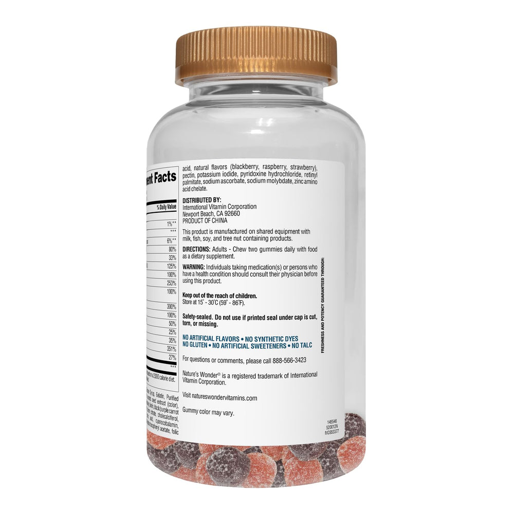 Nature's Wonder bottle label lists vitamins A, C, D, B6, B12.