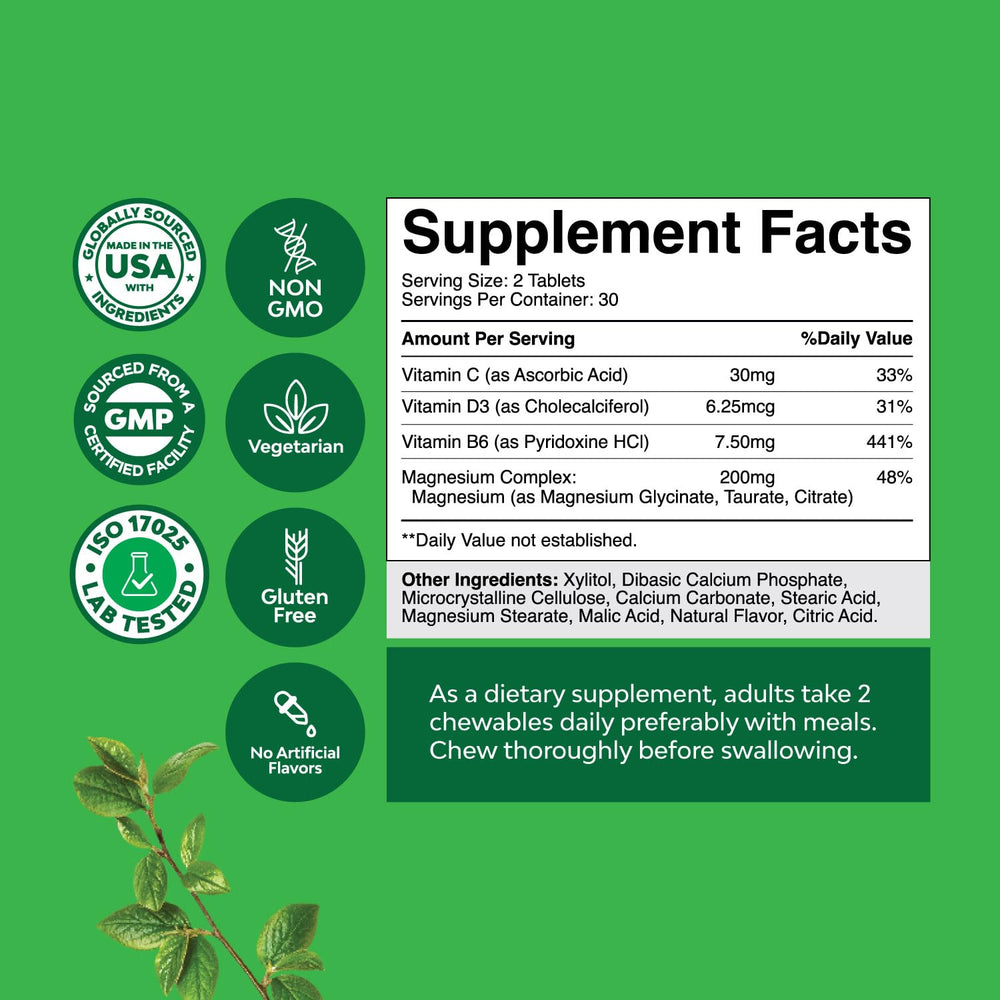 Natures Craft 200mg magnesium glycinate chewable close-up label emphasizes high absorption