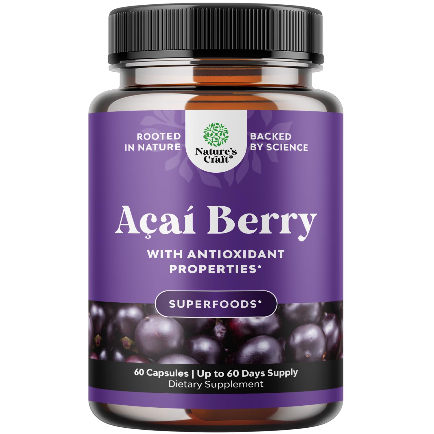 Natures Craft Acai Berry 600 mg bottle for easy daily immune and energy support.
