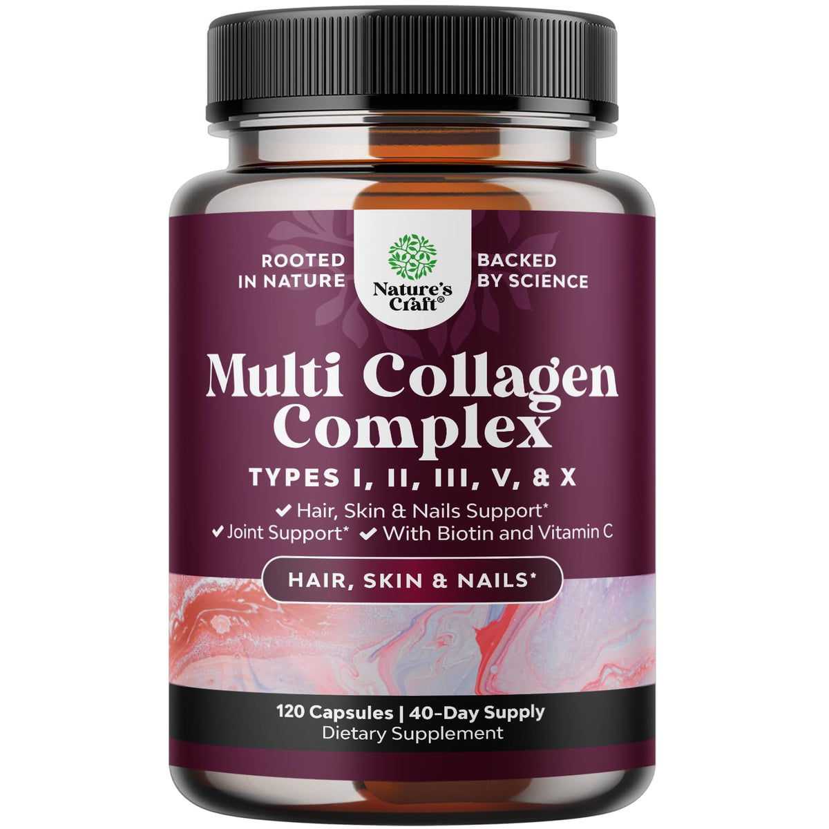 Natures Craft Advanced Multi Collagen Pills bottle supports hair, skin, and nails.