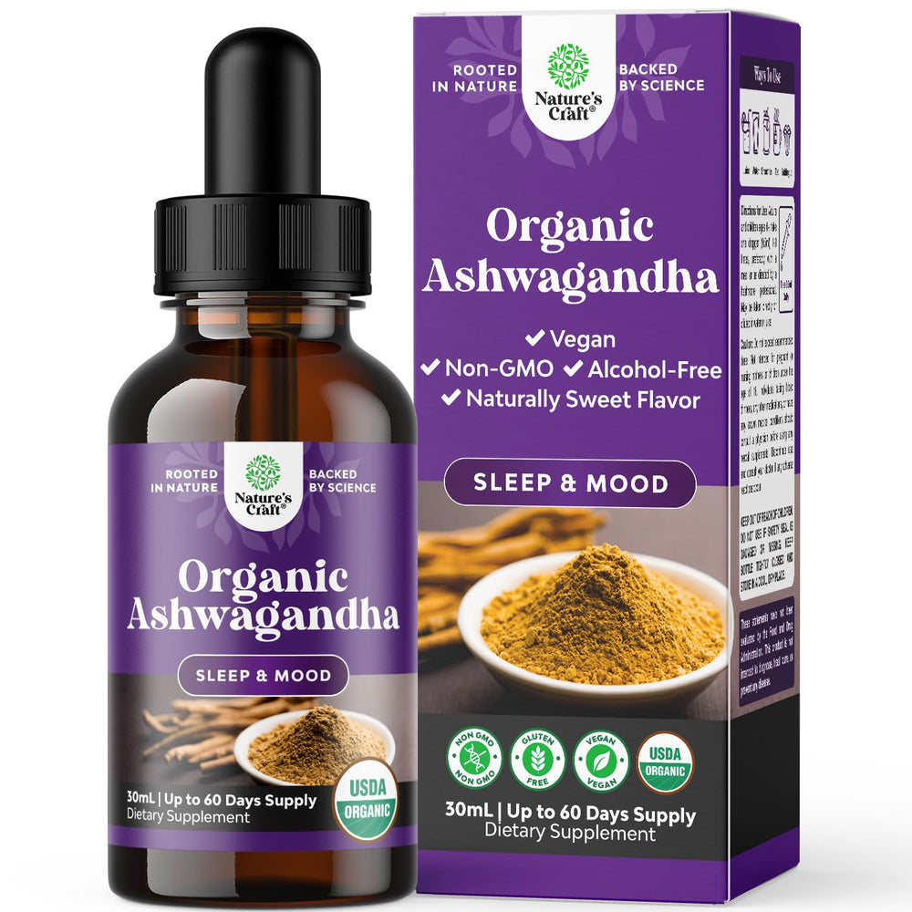 Natures Craft Ashwagandha Liquid Drops bottle highlights pure adaptogen for calm focus