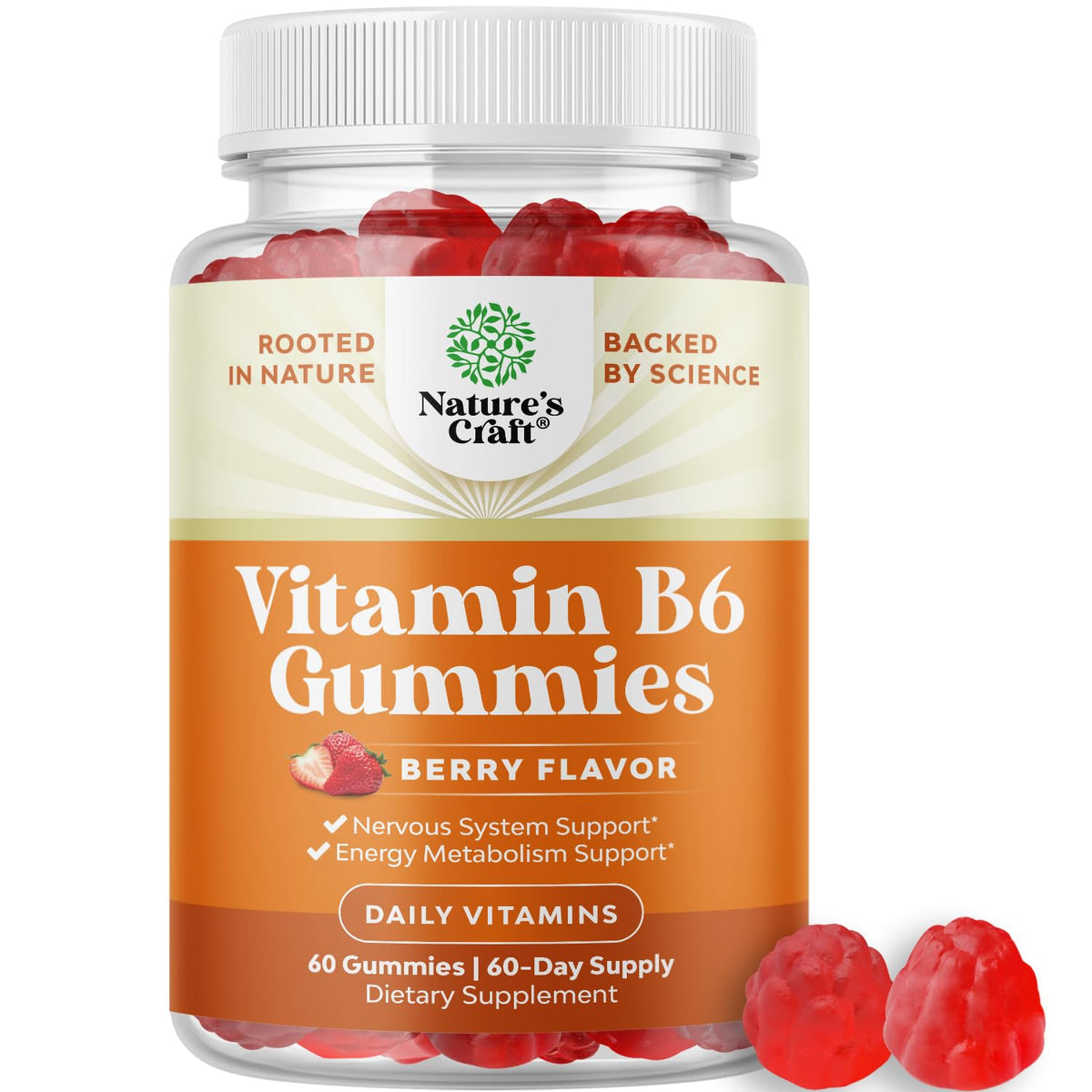 Natures Craft B6 gummies bottle pour, convenient daily supplement for energy and mood support