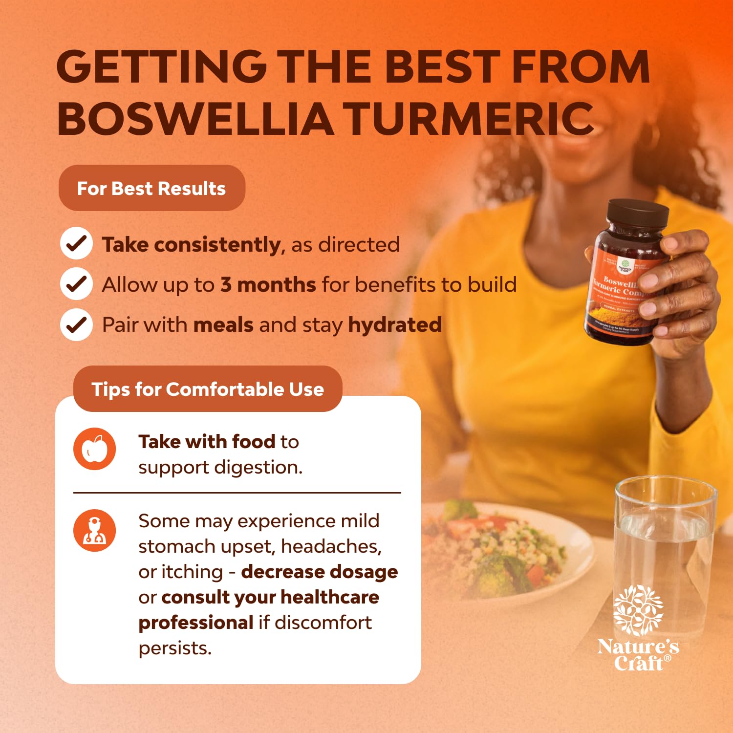Natures Craft Boswellia Turmeric capsules pour demonstrates easy daily dosage