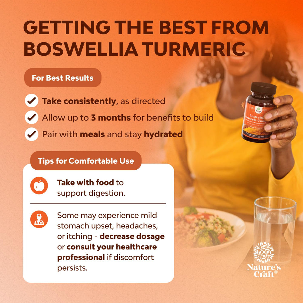 Natures Craft Boswellia Turmeric capsules pour demonstrates easy daily dosage