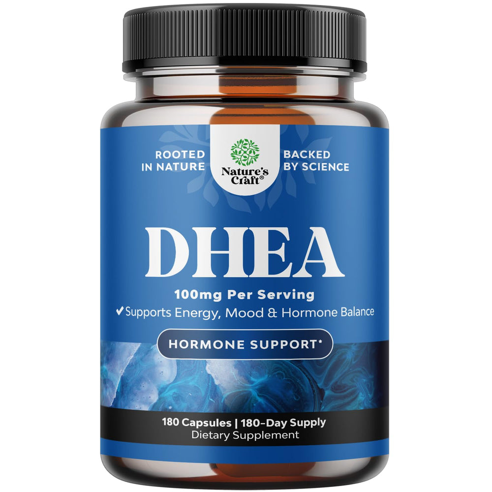 Nature's Craft DHEA bottle closeup showing hormone balance capsule formula for daily support