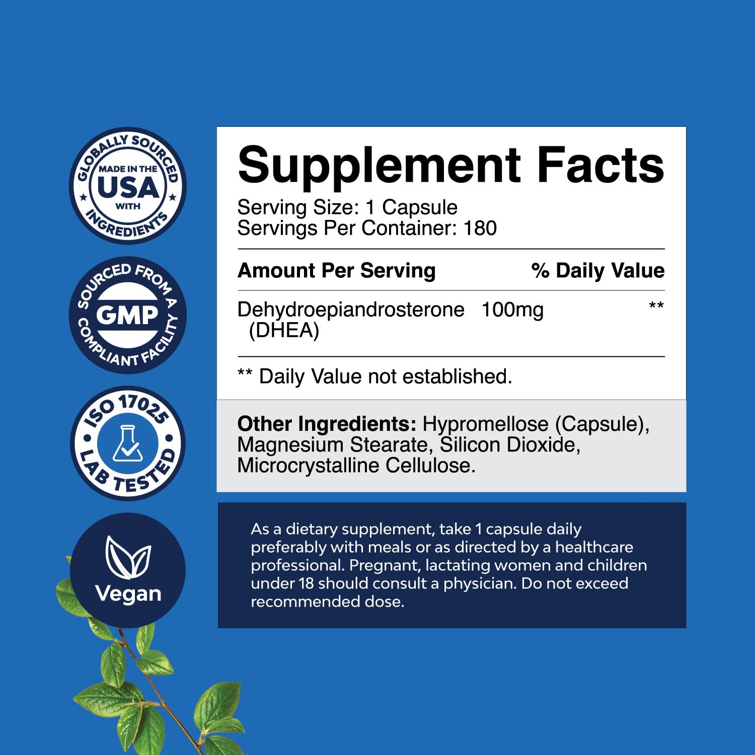 Nature's Craft DHEA capsules pack highlights 100 mg daily energy and mood support