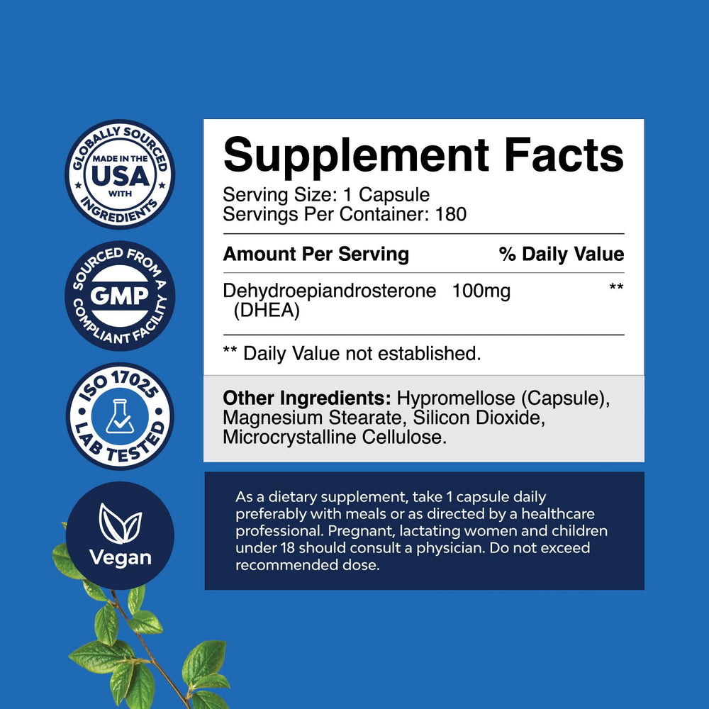 Nature's Craft DHEA capsules pack highlights 100 mg daily energy and mood support