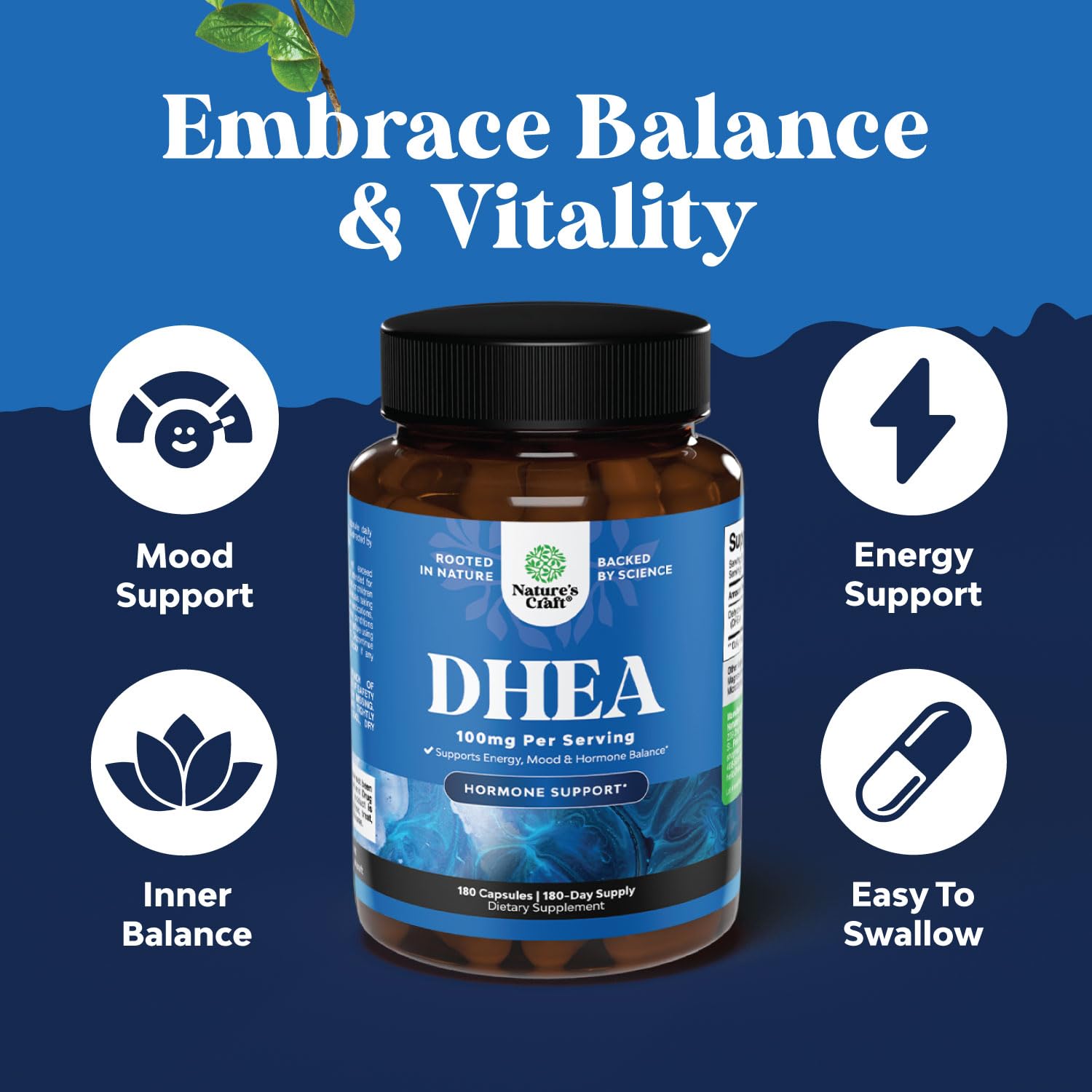 Nature's Craft DHEA label detail emphasizes purity and USA GMP-tested production