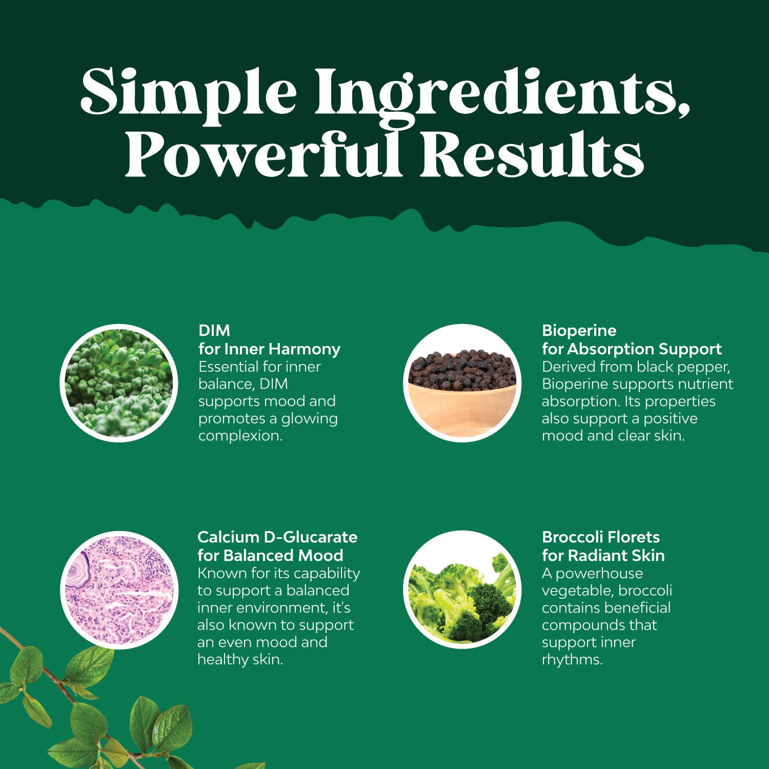 Natures Craft Pure DIM bottle beside broccoli florets signals natural ingredients