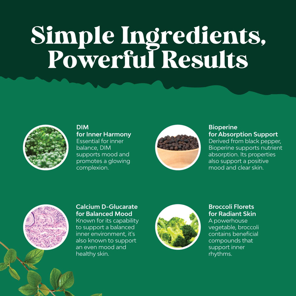 Natures Craft Pure DIM bottle beside broccoli florets signals natural ingredients