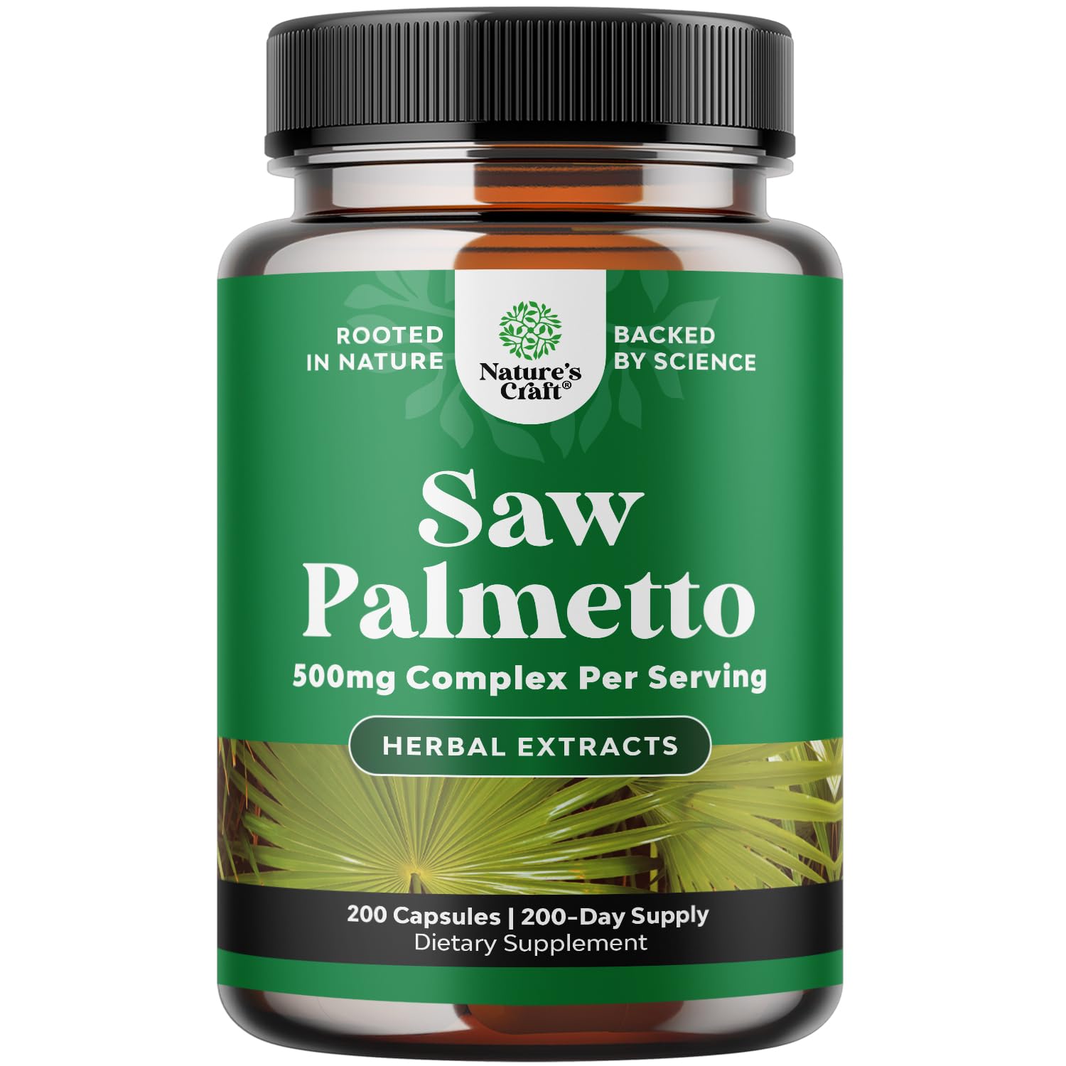 Natures Craft Extra Strength Saw Palmetto bottle promoting urinary support and hair health.