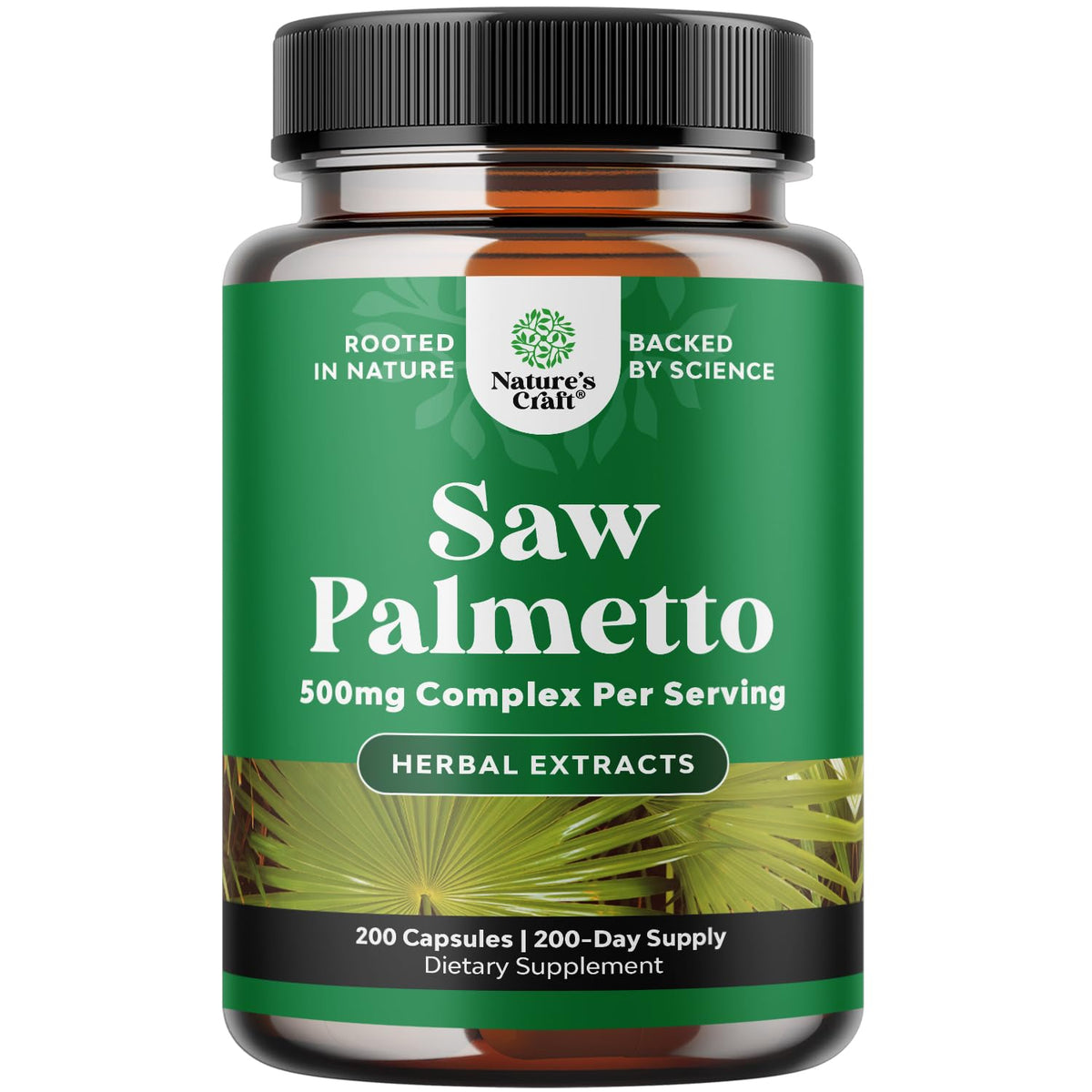 Natures Craft Extra Strength Saw Palmetto bottle promoting urinary support and hair health.