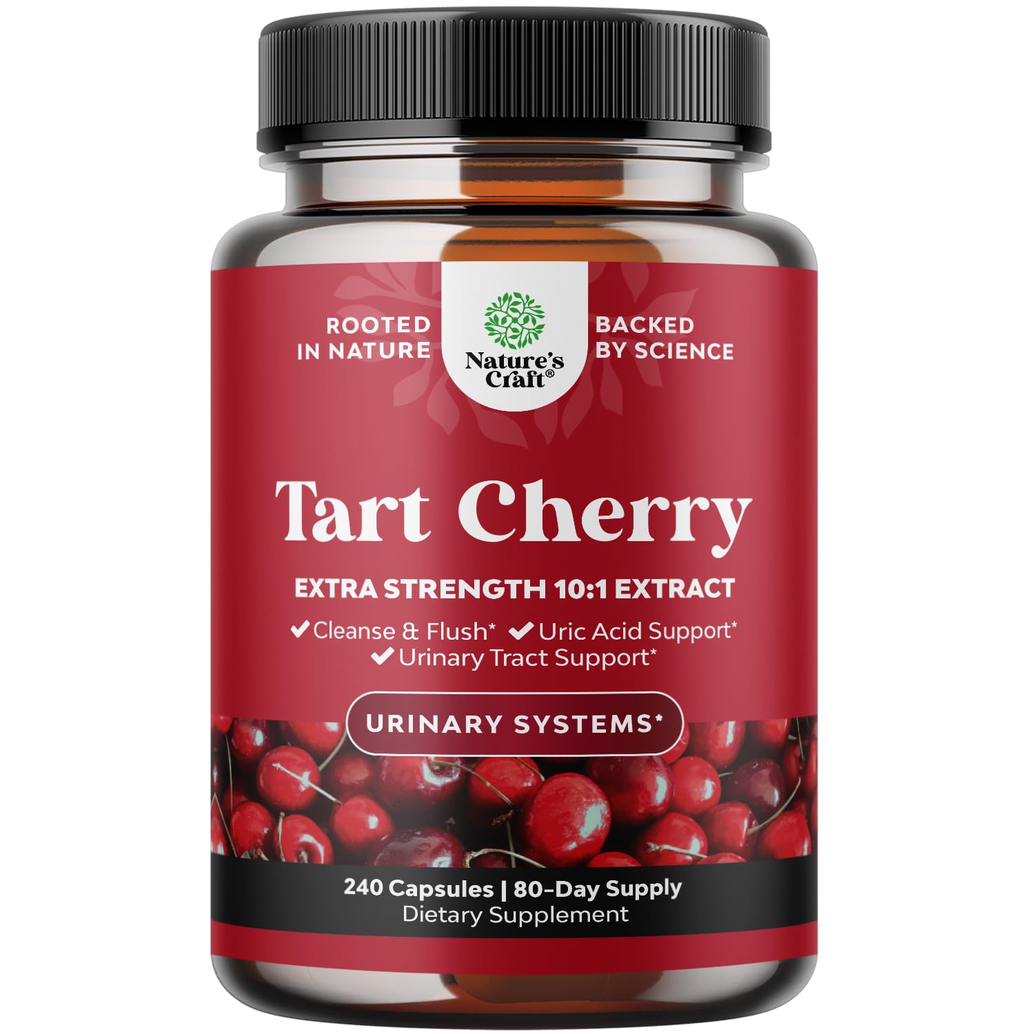Natures Craft tart cherry capsules bottle suggesting potential joint support and uric acid balance.