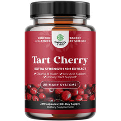 Natures Craft tart cherry capsules bottle suggesting potential joint support and uric acid balance.