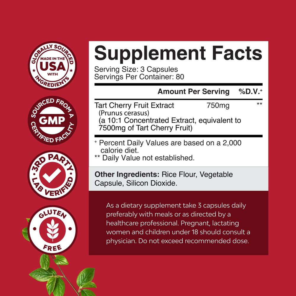 Natures Craft tart cherry capsules close-up showing convenient daily capsules for wellness.