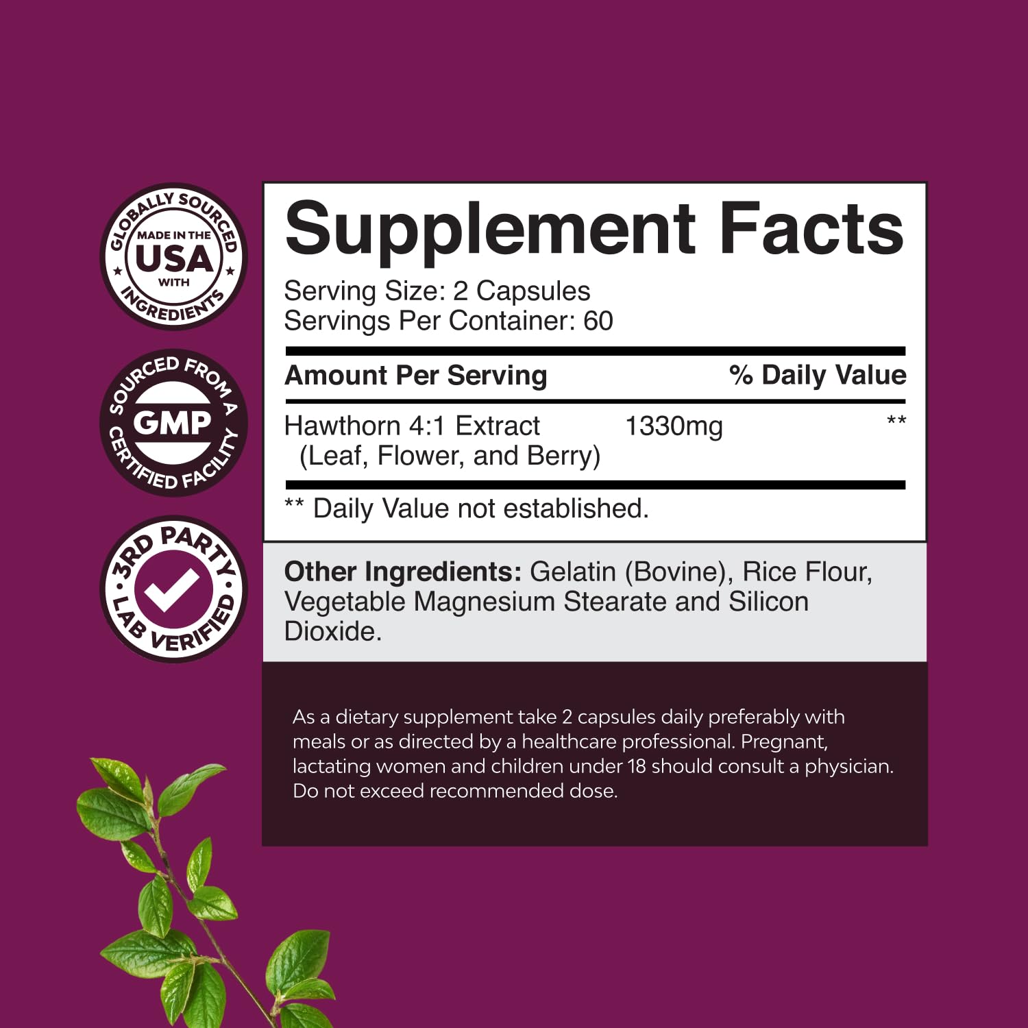 Natures Craft Hawthorn berry extract label highlights 4:1 potency