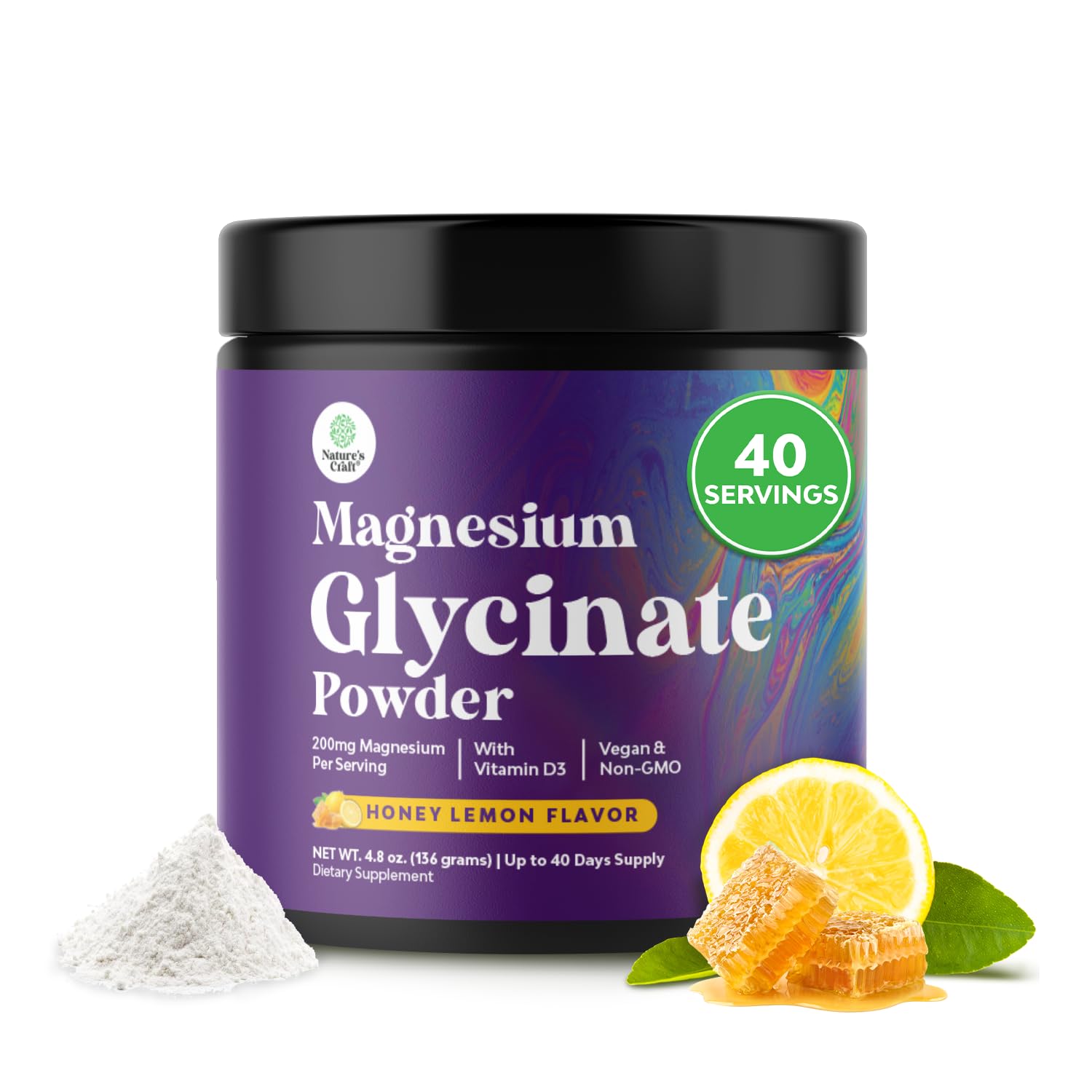 Natures Craft high absorption magnesium glycinate powder bottle for daily relaxation