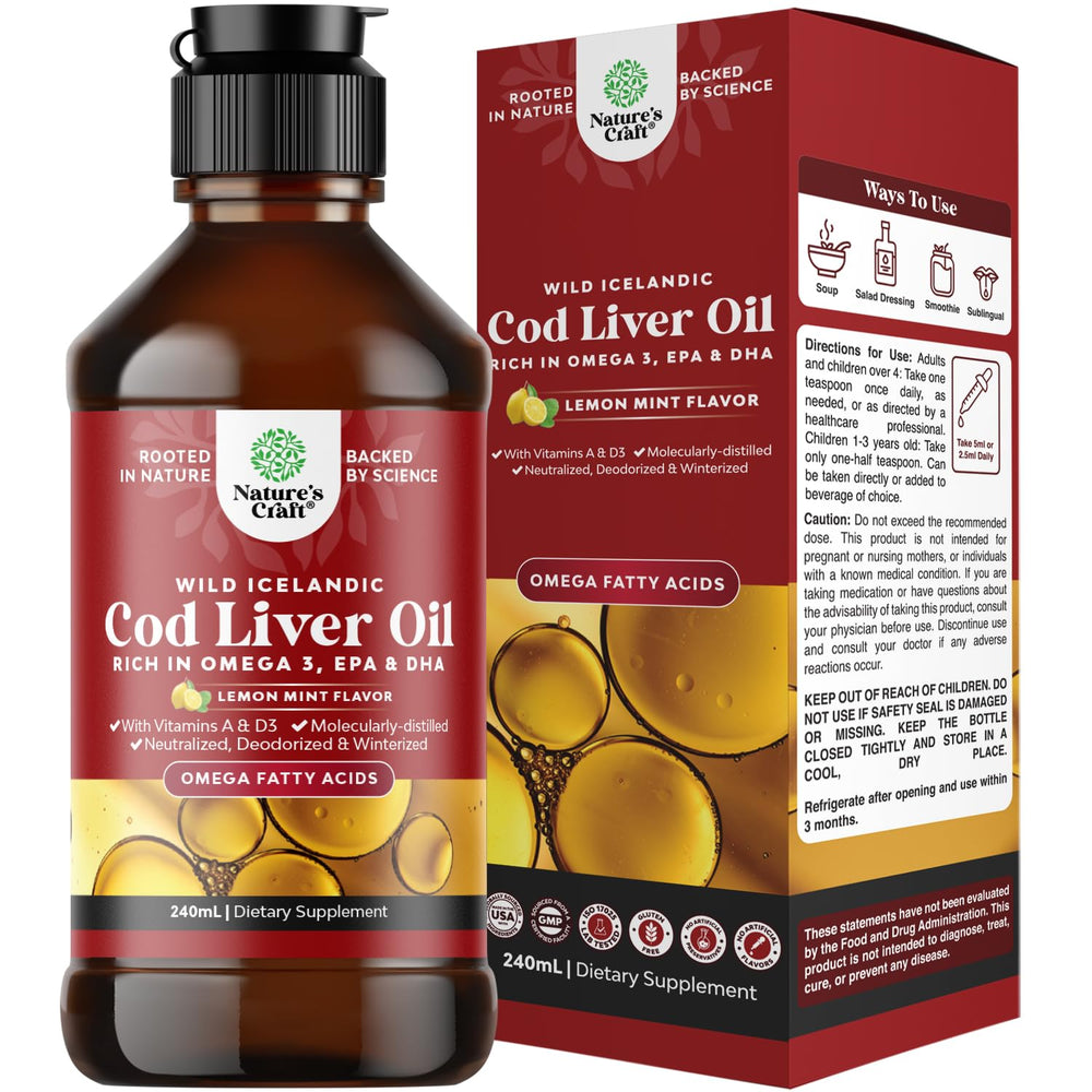 Natures Craft Icelandic cod liver oil bottle for daily omega-3 support and heart health.