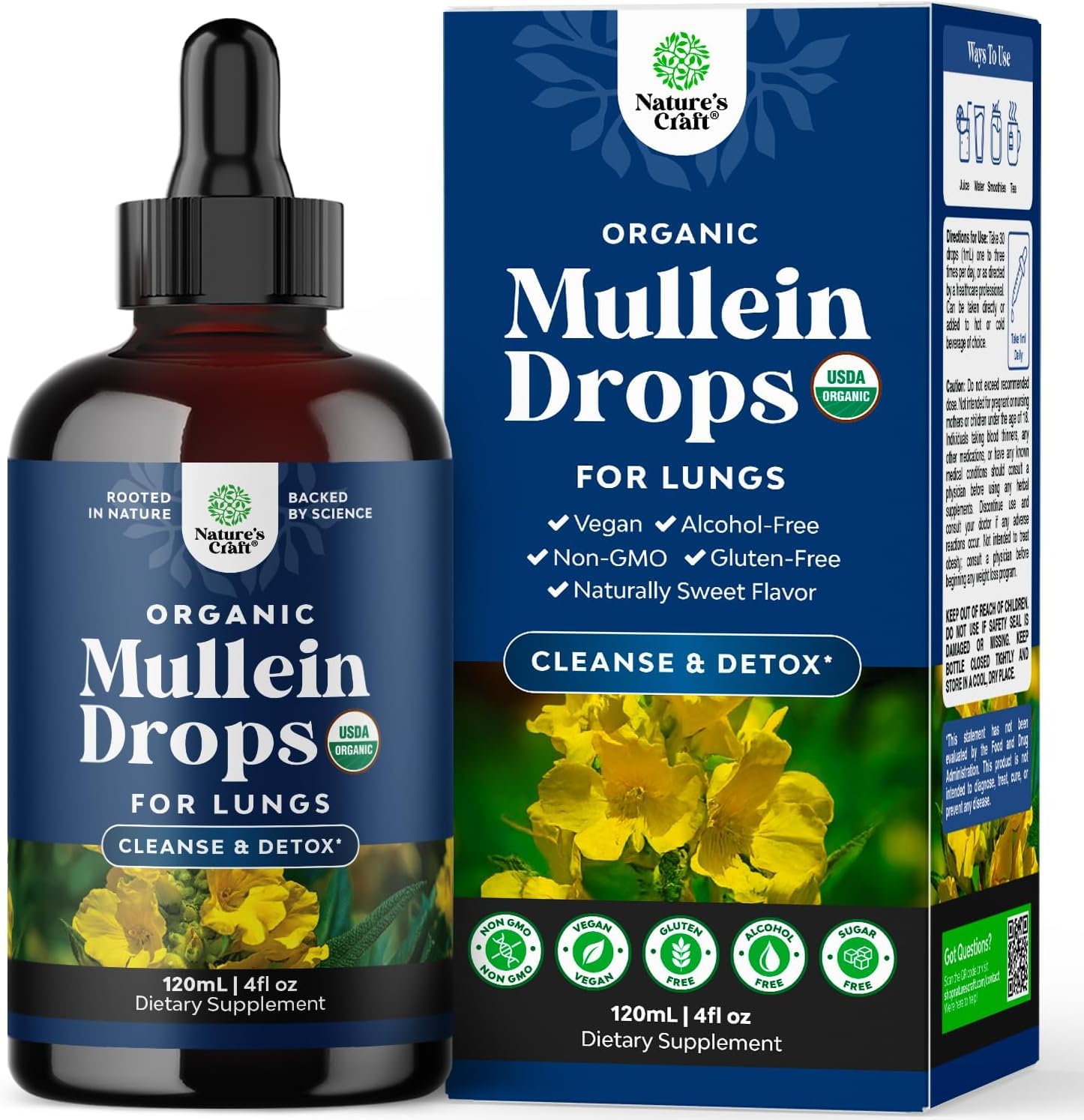 Natures Craft Mullein Drops bottle offers daily lung support with a natural herbal blend.