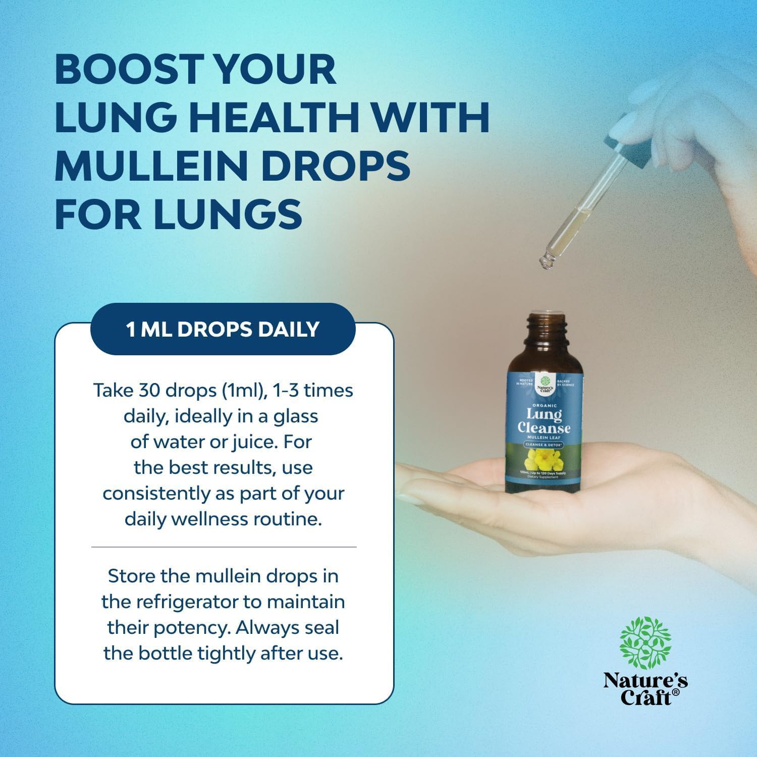 Natures Craft Mullein Drops dropper tip close up shows precise dosage.
