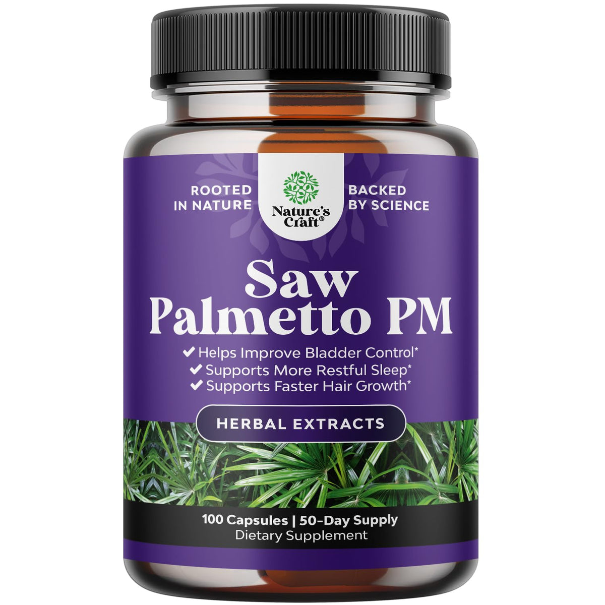 Nature's Craft Nighttime Defense bottle front showing saw palmetto capsules for bladder comfort.