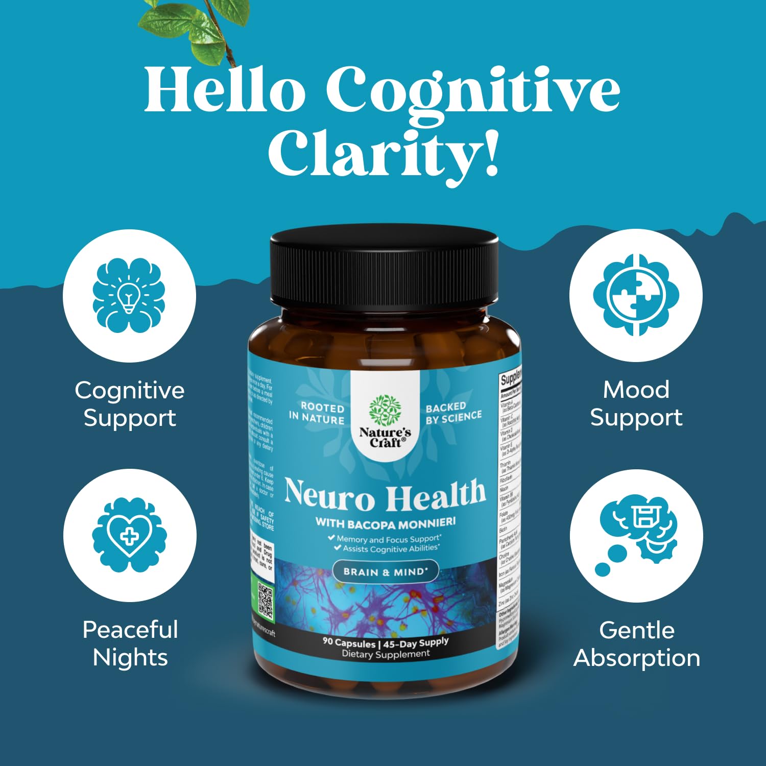 Natures Craft capsules in hand suggest portable focus support.