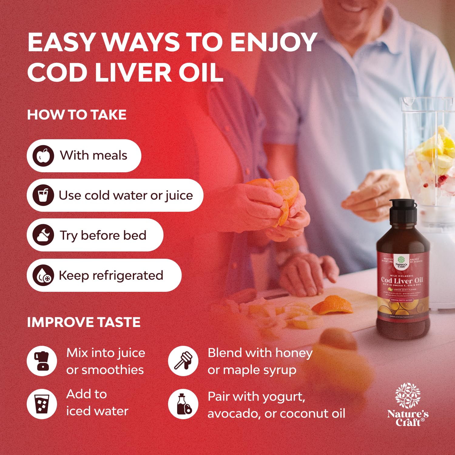 Natures Craft omega-3 EPA/DHA cod liver oil bottle demonstrates high-purity formula.