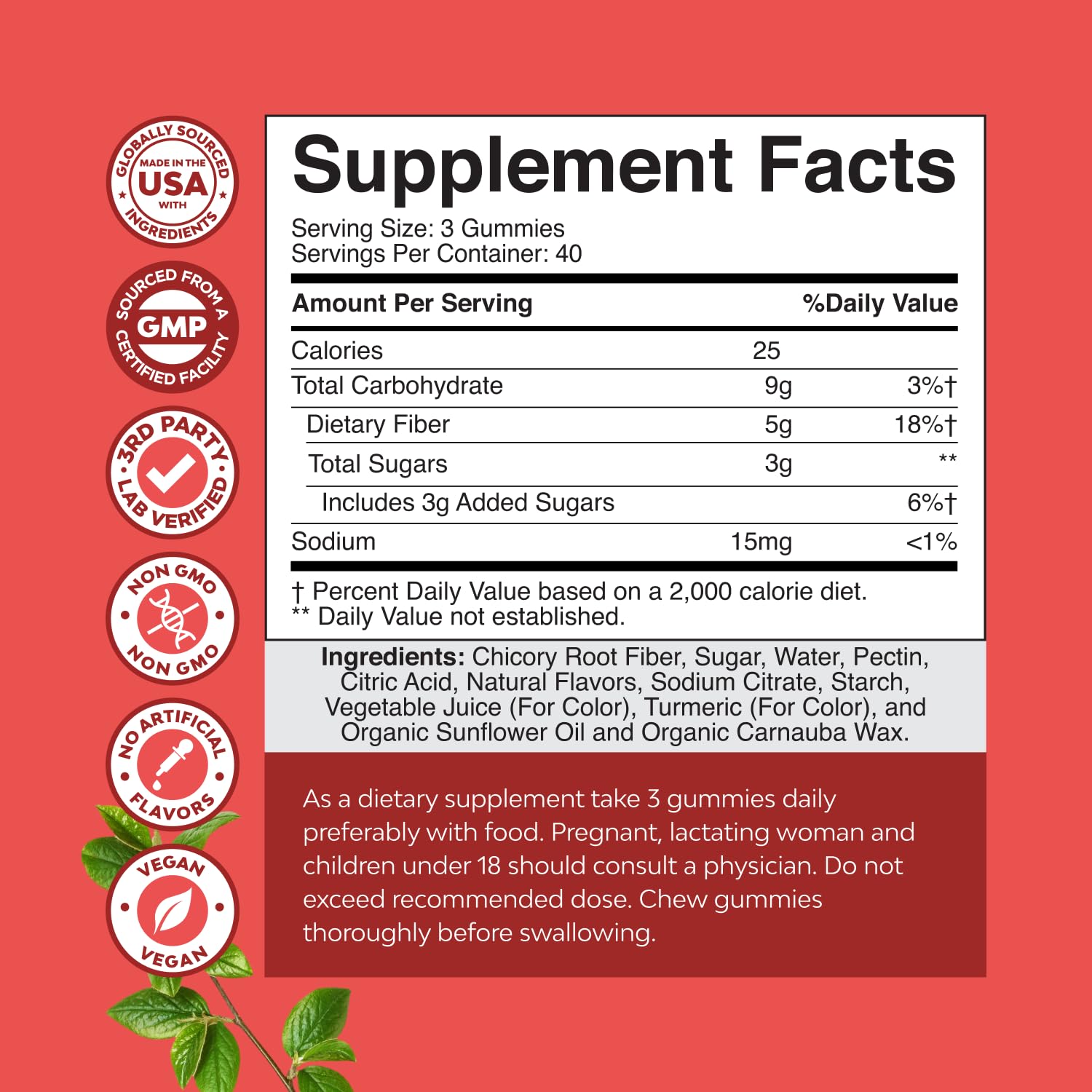 Natures Craft prebiotic fiber gummies ingredients closeup highlight inulin and chicory root benefits.