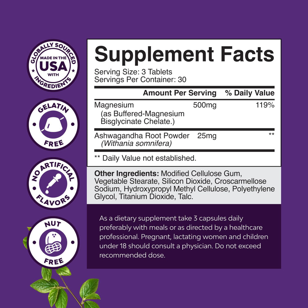 Natures Craft Pure Calm magnesium tablets closeup emphasizing 500 mg per serving for muscle function.