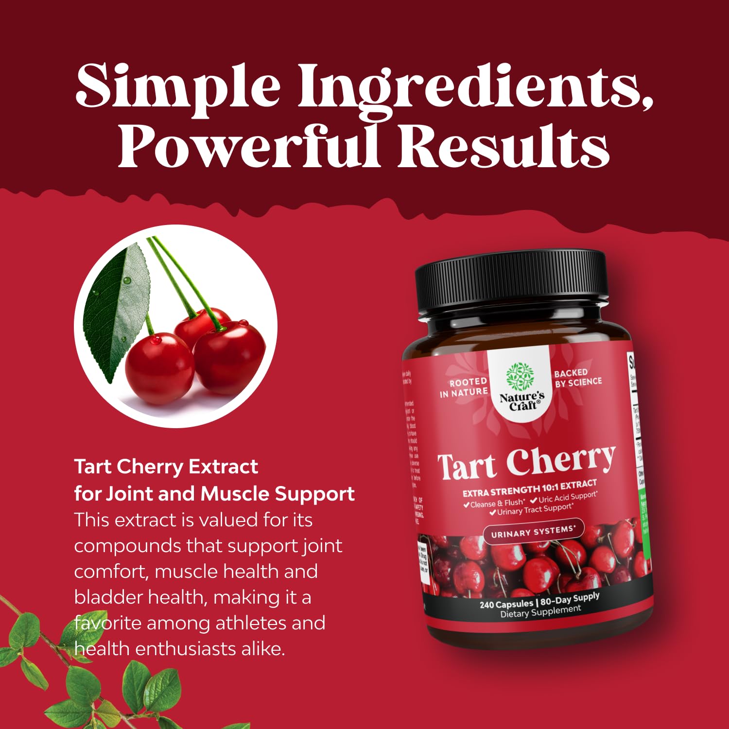 Natures Craft tart cherry capsules label front emphasizing natural wellness and clean ingredients.