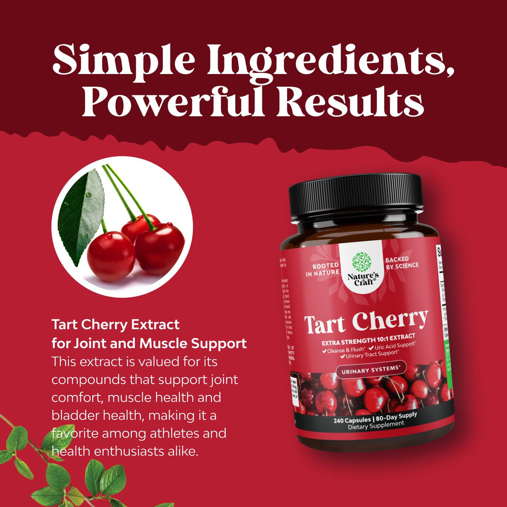 Natures Craft tart cherry capsules label front emphasizing natural wellness and clean ingredients.