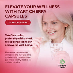 Natures Craft tart cherry capsules poured into a glass of water for easy intake.