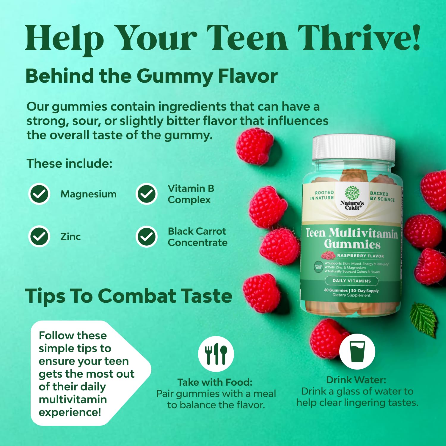 Natures Craft Teen Multivitamin Gummies packaging image emphasizes purity
