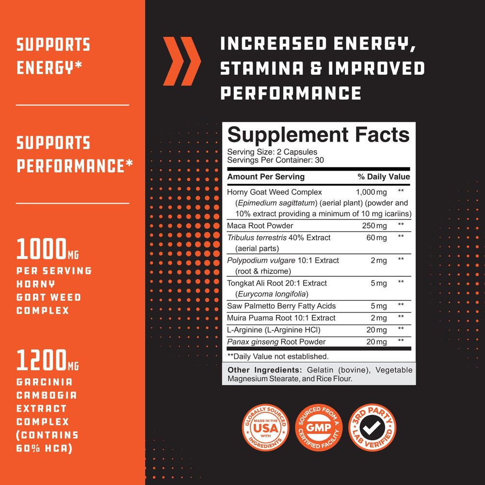 Natures Craft testosterone supplement label close-up showing ingredient highlights.