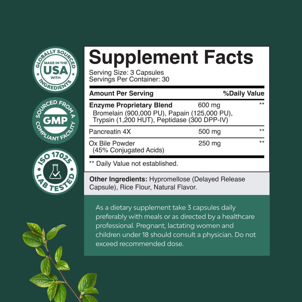 Nature's Craft Trypsin Pancreatin Bromelain capsules showing enzyme blend