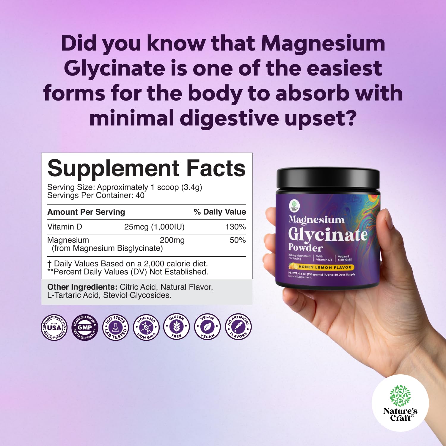 Natures Craft vegan gluten-free non-GMO magnesium glycinate powder tub