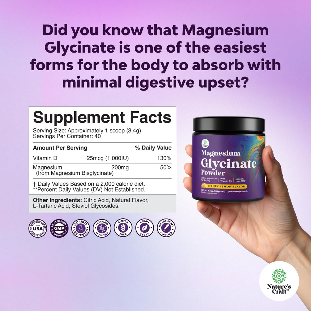 Natures Craft vegan gluten-free non-GMO magnesium glycinate powder tub