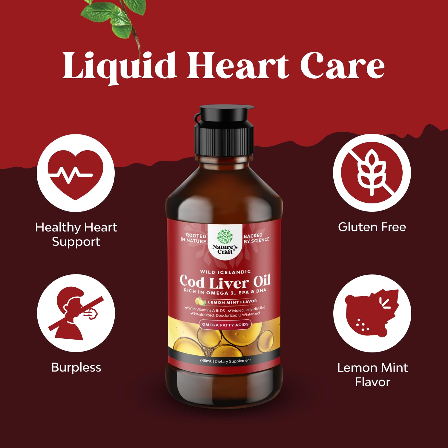 Natures Craft vitamin A and D cod liver oil contents labeled for bone and immune support.