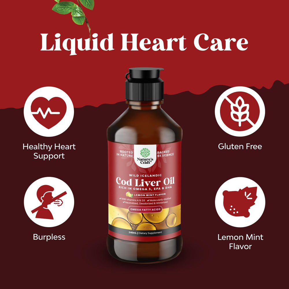 Natures Craft vitamin A and D cod liver oil contents labeled for bone and immune support.