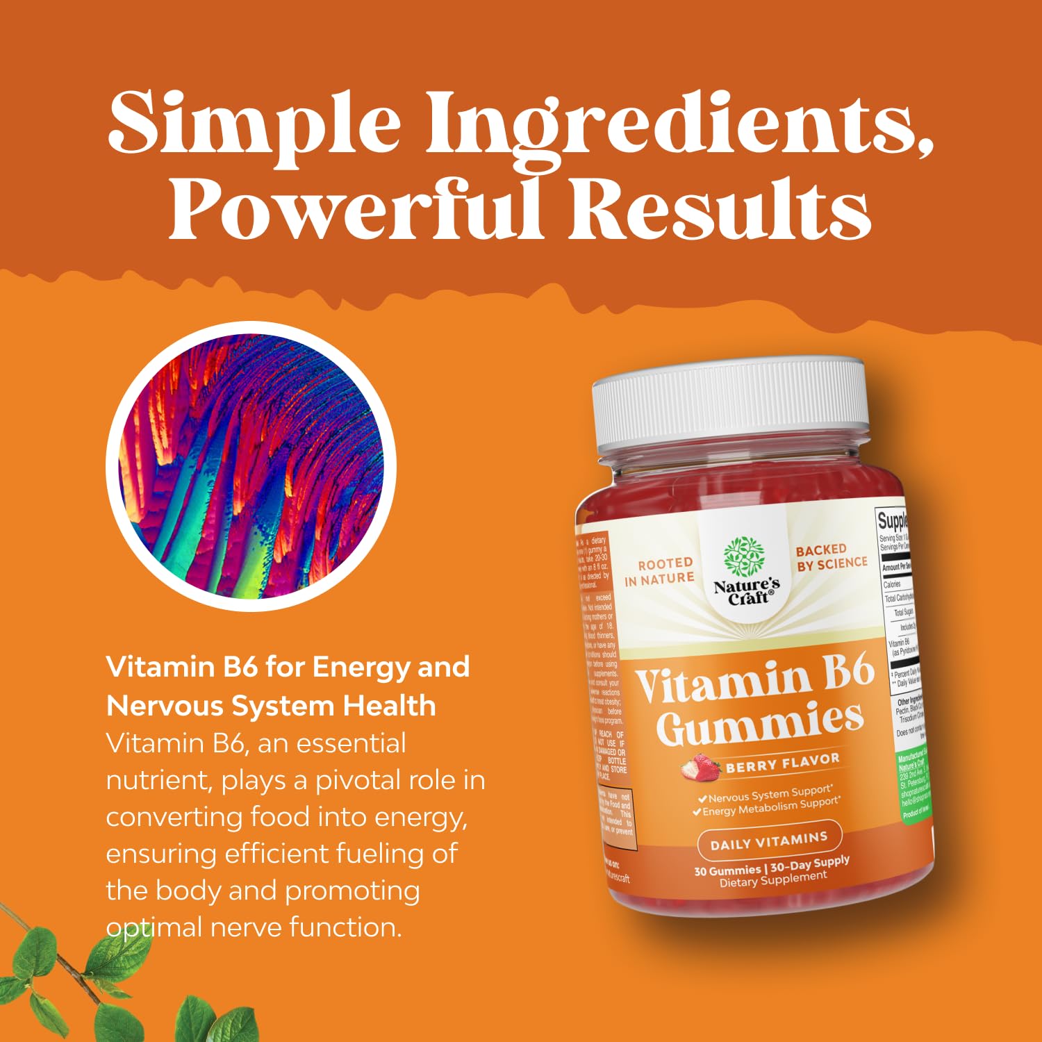 Natures Craft Vitamin B6 Gummies vegan symbols indicate non-GMO and gluten-free.