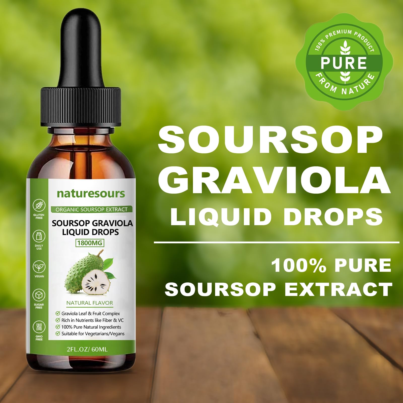 Naturesours soursop drops with dropper for precise 2 mL dosing.