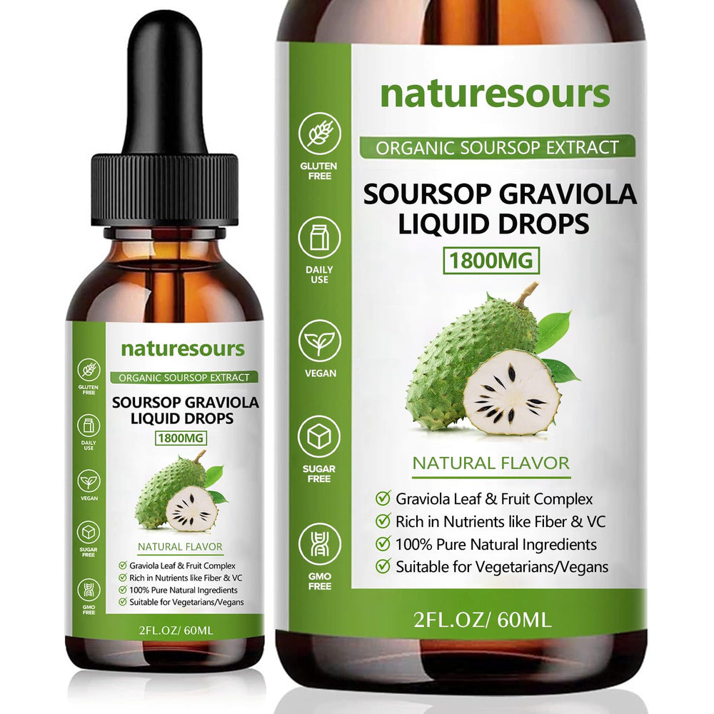 Naturesours Soursop extract bottle front view highlights purity and simple daily dosing.