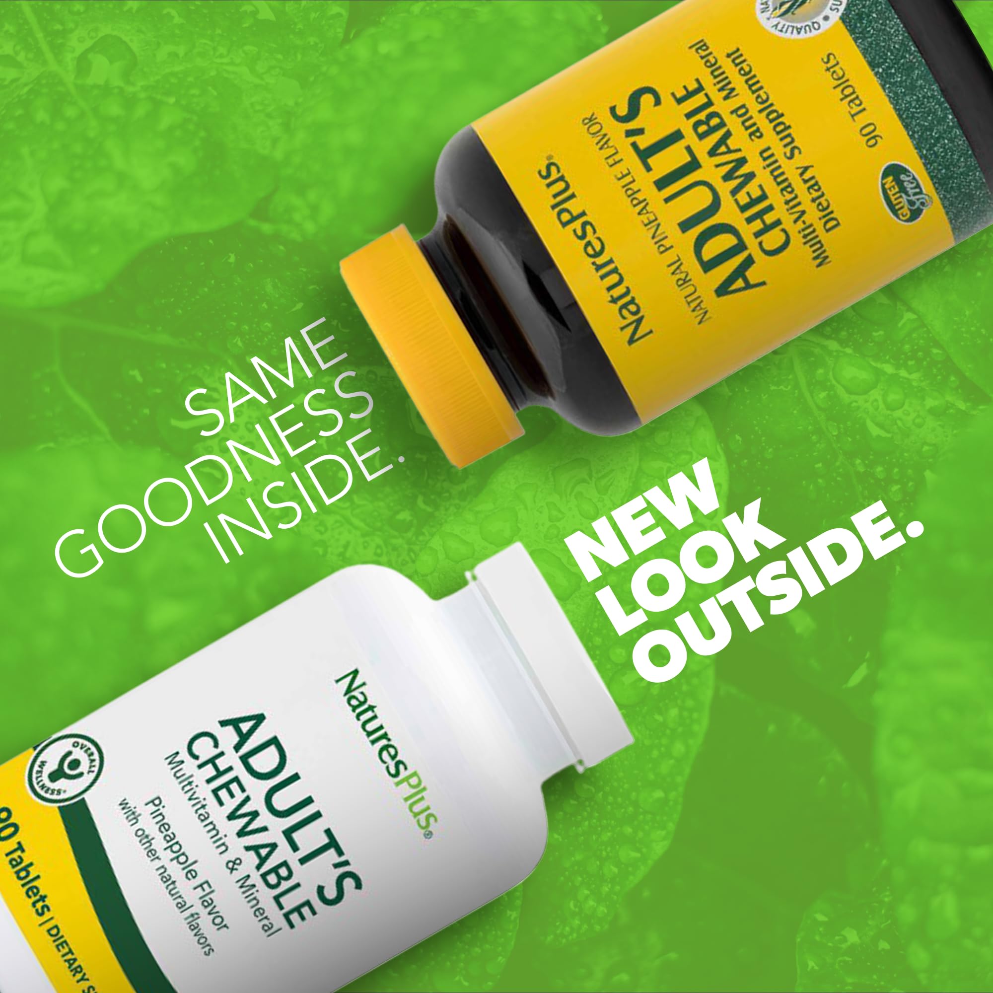 NaturesPlus adults chewable tablets close-up shows pineapple flavor for easy daily nutrition.
