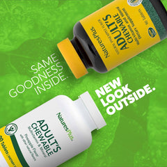 NaturesPlus adults chewable tablets close-up shows pineapple flavor for easy daily nutrition.