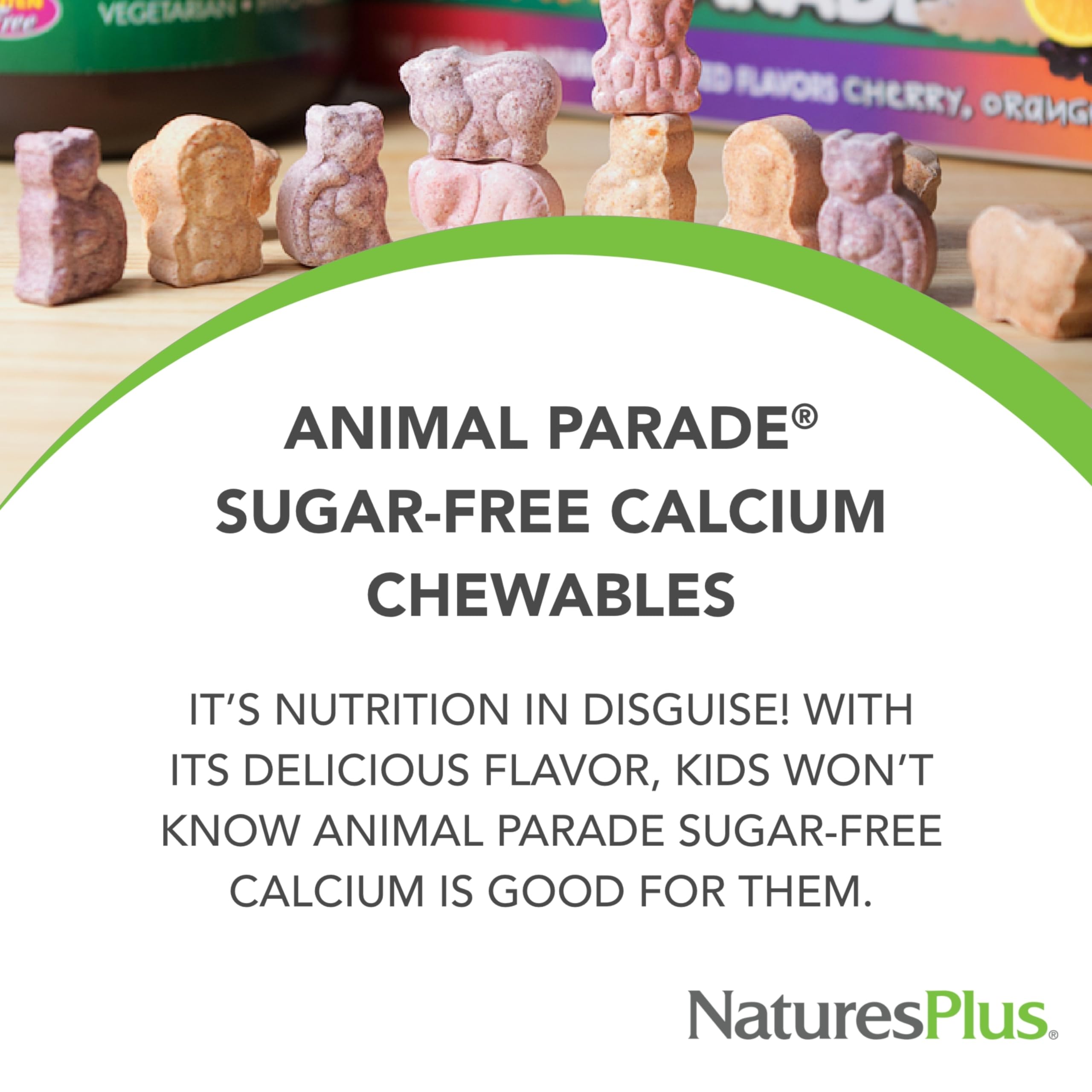 NaturesPlus Animal Parade animal-shaped chewables in a bowl for daily calcium.