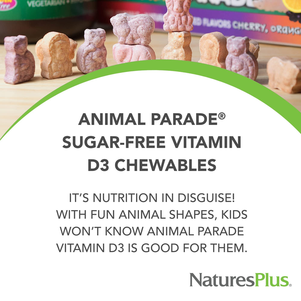 NaturesPlus Animal Parade black cherry flavor sugar-free chewables for daily D3.