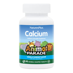 NaturesPlus Animal Parade Calcium bottle with vanilla sundae chews supports bone development in kids