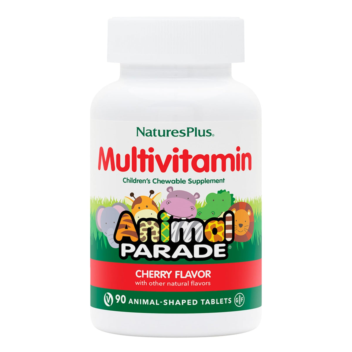 NaturesPlus Animal Parade cherry-flavored chewables with playful animal shapes promote kid-friendly daily nutrition.