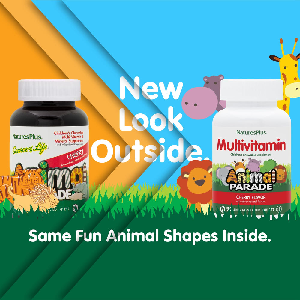 NaturesPlus Animal Parade cherry-chewable close-up showing animal shapes and kid-friendly taste.