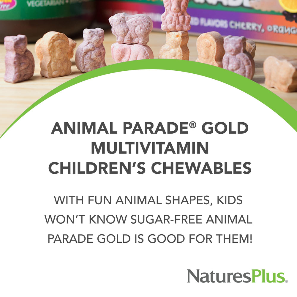 NaturesPlus Animal Parade Gold D3 and K2 with probiotics label highlights essential nutrients.